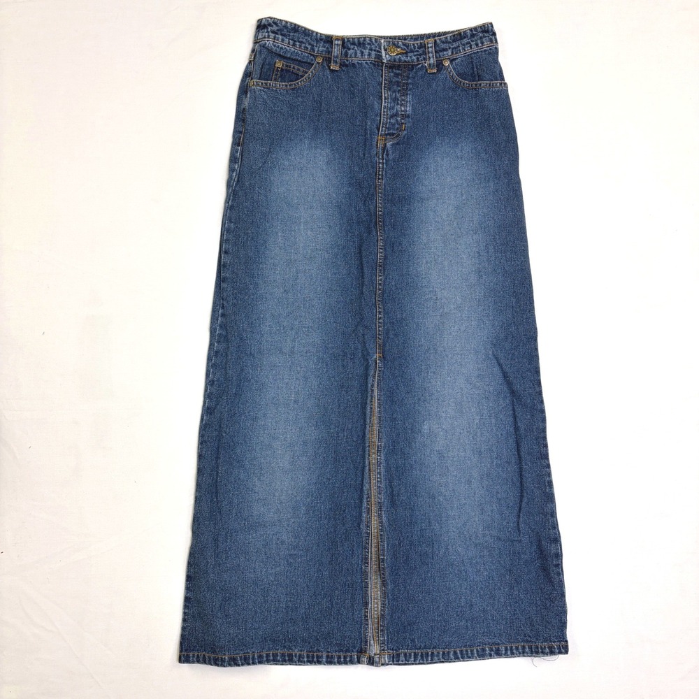 Vintage Delia*s Denim Maxi Skirt Medium Wash Front Slit Button Fly 90s Y2K Boho